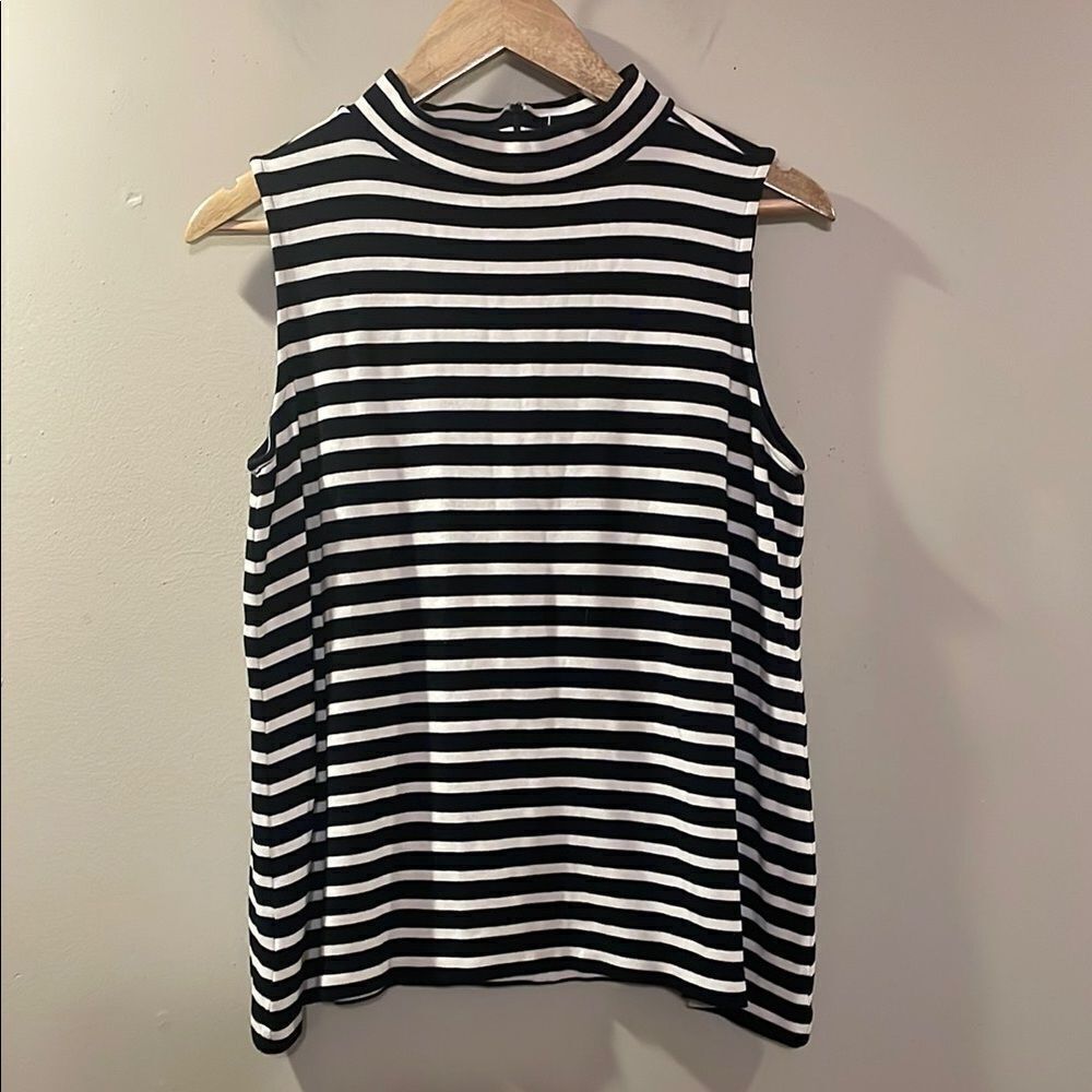 LOFT Black and White Fitted Tank Top with Mandarin Collar